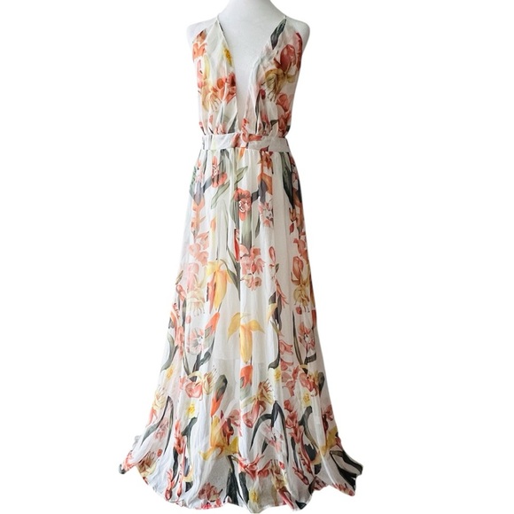 Elegant White and Orange Maxi Sundress with Plunge Neckline - Picture 1 of 7